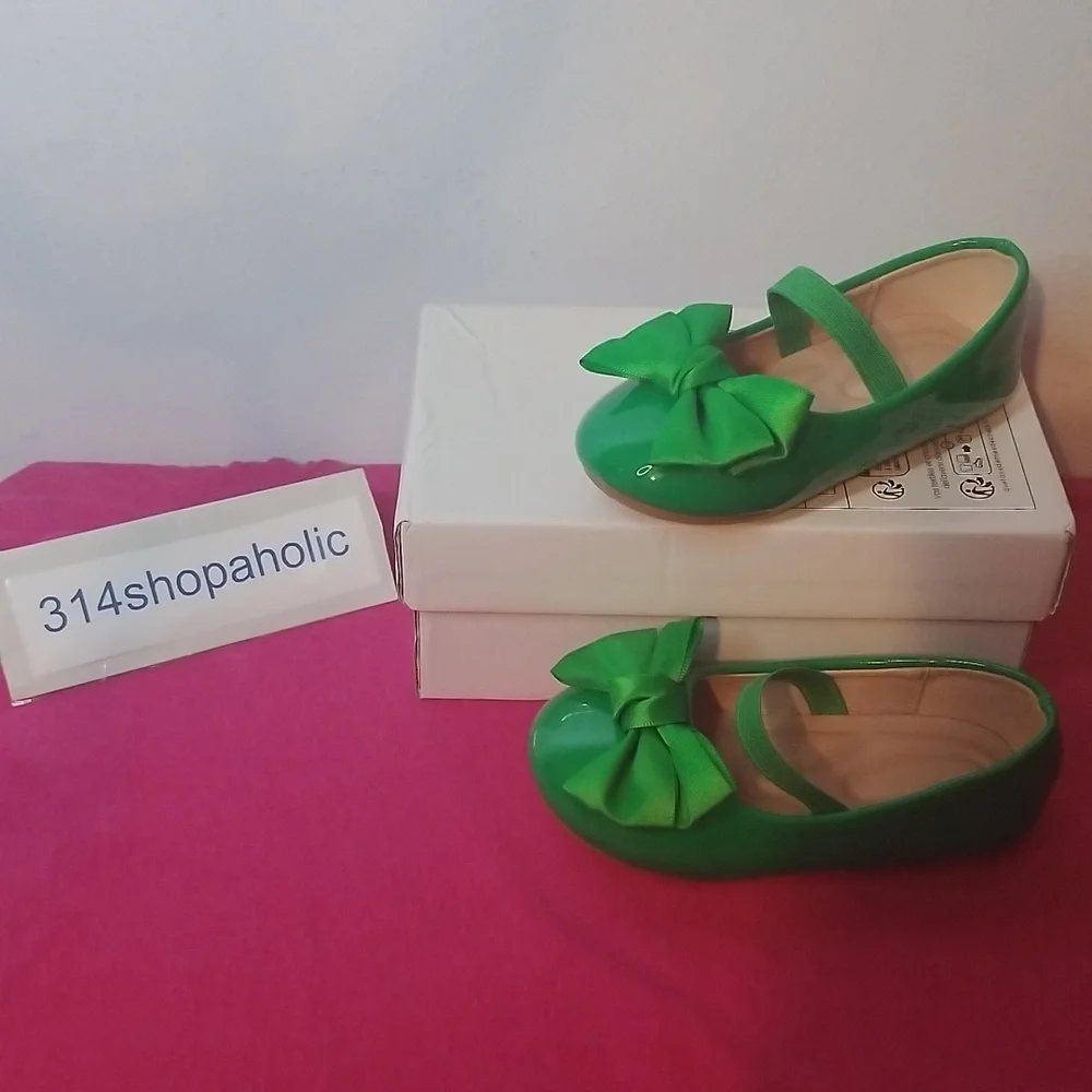 Toddler Girls Green Patent Leather Shoes With Bow